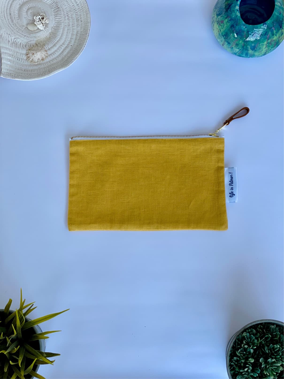 Pochette en lin jaune moutarde