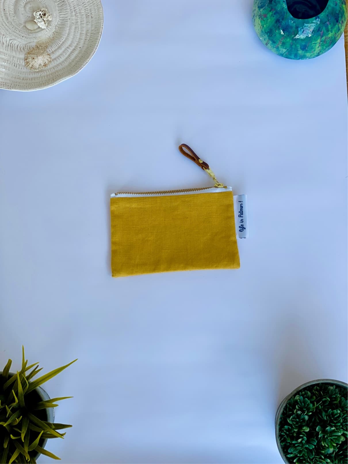 Porte-monnaie en lin jaune moutarde